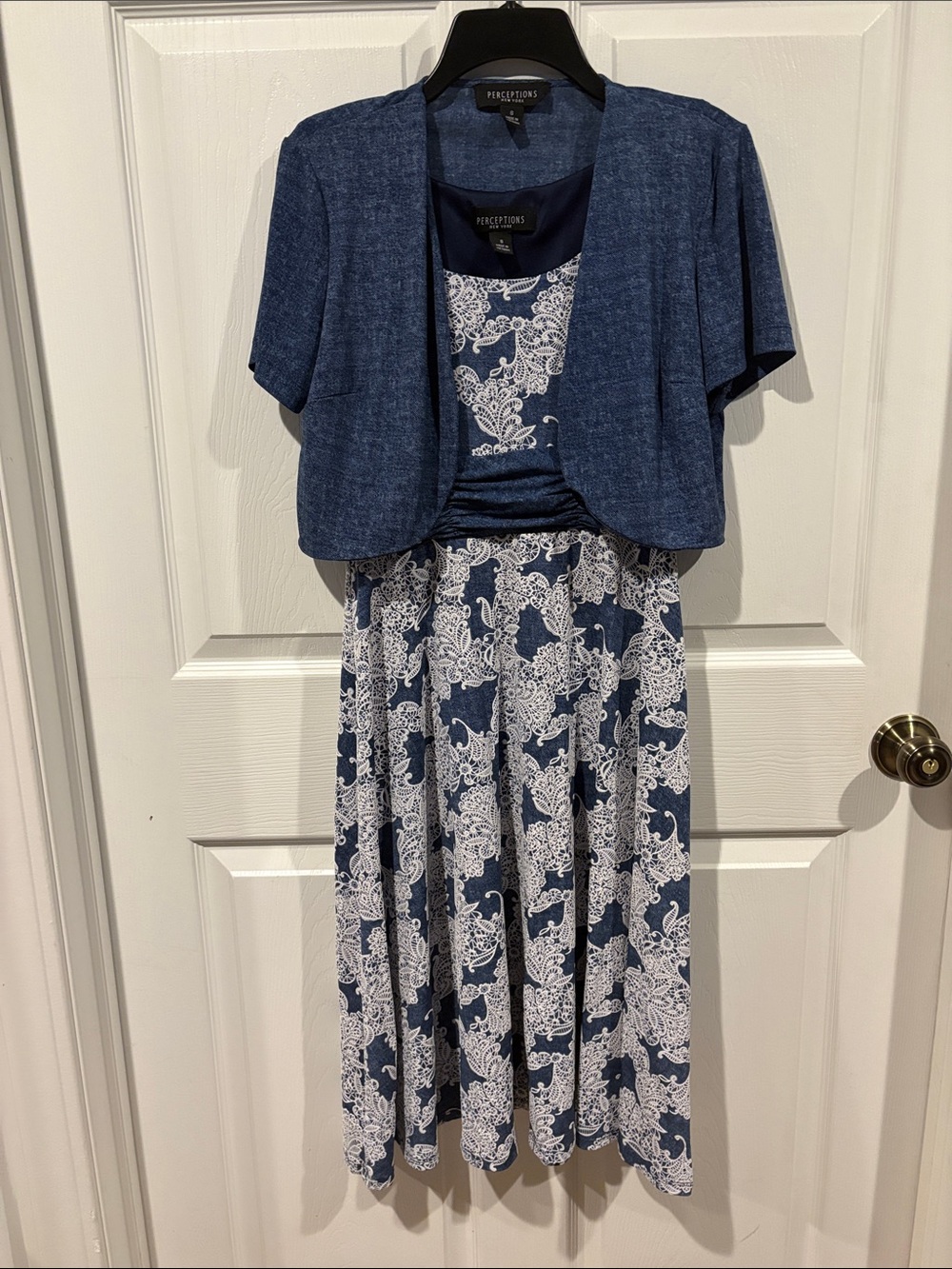 Perceptions Navy and White Floral Lace-Print Dress with Denim Look Bolero